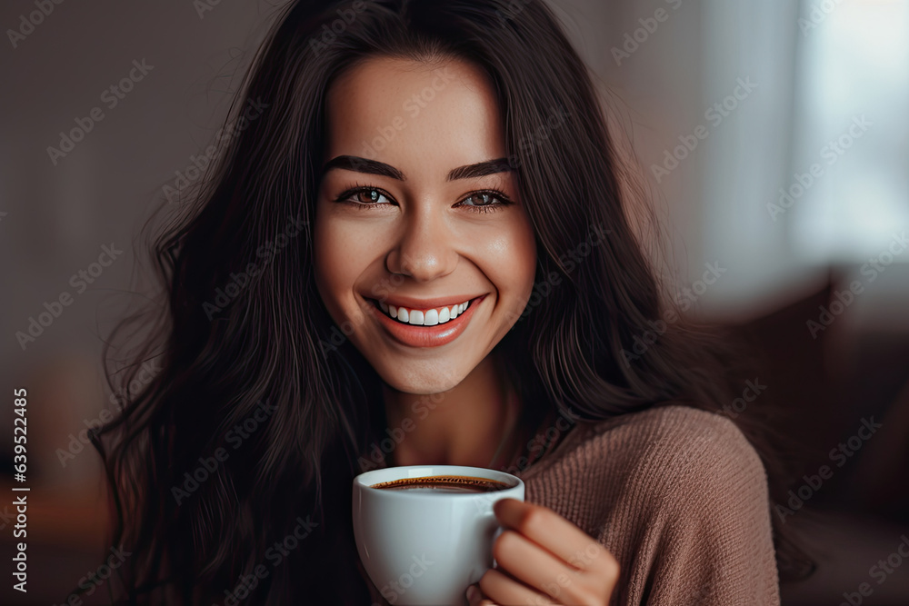 joyful young woman enjoying a cup of coffee at home. Generative Ai joyful young woman enjoying a cup of coffee at home. Generative Ai