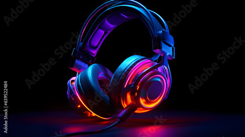 Pair of headphones emitting a soft neon glow , isolated on dark background