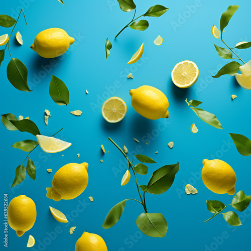 Fresh raw lemons with green leaves and flowers falling in the air isolated on blue background. Food levitation or zero gravity concept.