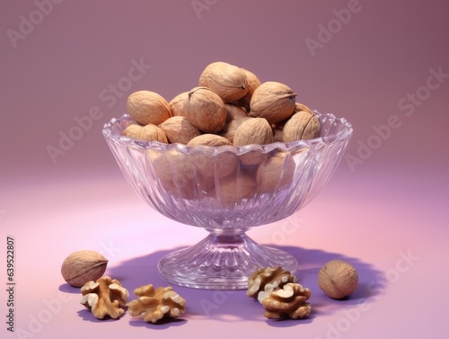 Crystal bowl filled with mixed nuts, like walnuts, hazelnuts, and chestnuts, sits against a smooth lavender background, warmly lit from the front to emphasize its autumnal vibe. photo