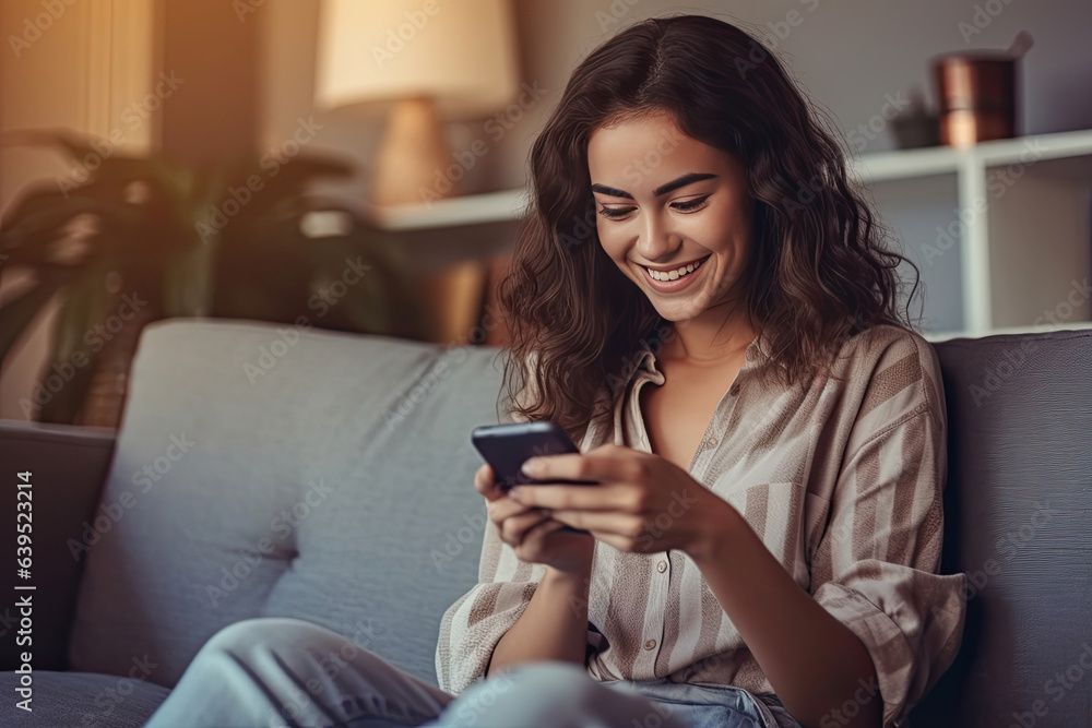 joyful young latin woman using mobile phone app playing game, shopping online, ordering delivery relax on sofa. Generative Ai joyful young latin woman using mobile phone app playing game, shopping online, ordering delivery relax on sofa. Generative Ai