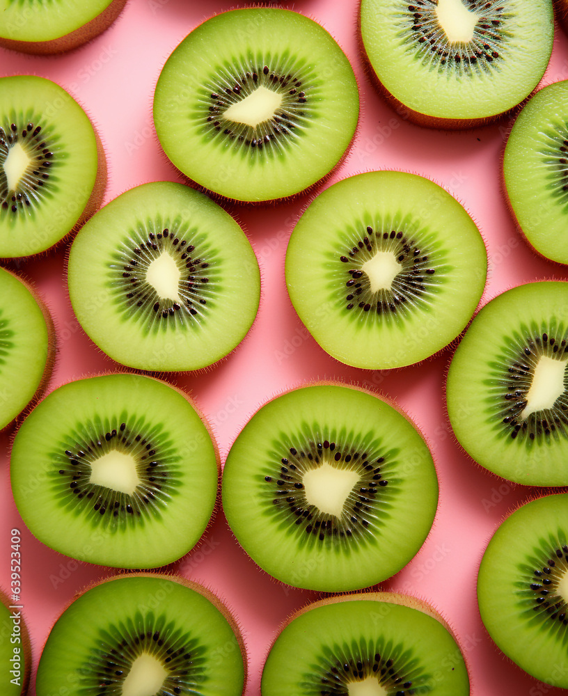 Tropical seamless pattern of kiwi slices on pink background. Minimal fruit Pattern. Tropical seamless pattern of kiwi slices on pink background. Minimal fruit Pattern.
