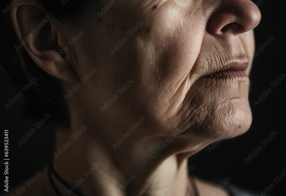 Fototapeta premium close up of old woman neck face and shoulder natural beauty skin concept. Studio portrait of shirtless beautiful woman and perfect skin. Generative ai