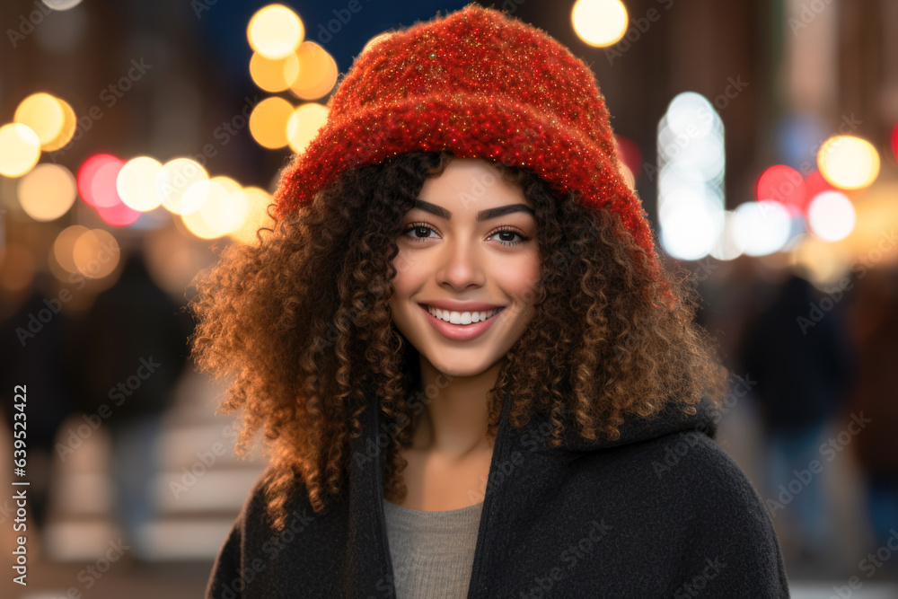 Portrait of curly afro girl with smiling face, wearing a red cap and a black jacket, bokeh, winter Portrait of curly afro girl with smiling face, wearing a red cap and a black jacket, bokeh, winter
