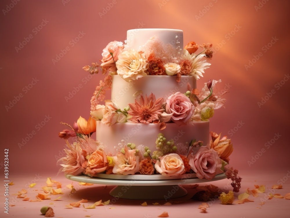 Amidst a muted coral backdrop, a tiered cake adorned with vibrant edible flowers and autumn motifs is bathed in soft, delicate lighting. Amidst a muted coral backdrop, a tiered cake adorned with vibrant edible flowers and autumn motifs is bathed in soft, delicate lighting.
