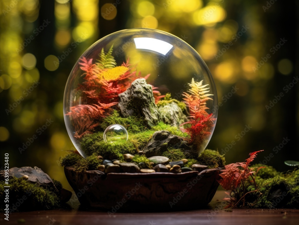 Glass orb terrarium with moss, stones, and autumn miniatures softly illuminated on a garnet backdrop. Glass orb terrarium with moss, stones, and autumn miniatures softly illuminated on a garnet backdrop.