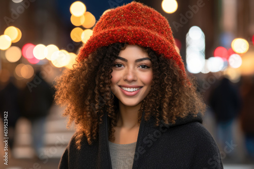 Portrait of curly afro girl with smiling face, wearing a red cap and a black jacket, bokeh, winter