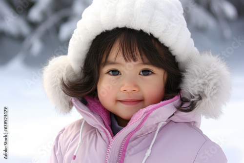 Portrait of a young Asian girl in a winter coat and white hat