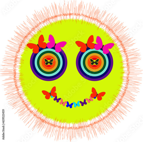 Sun with rainbow eyes and smile of butterflies - vector illustration isolated
