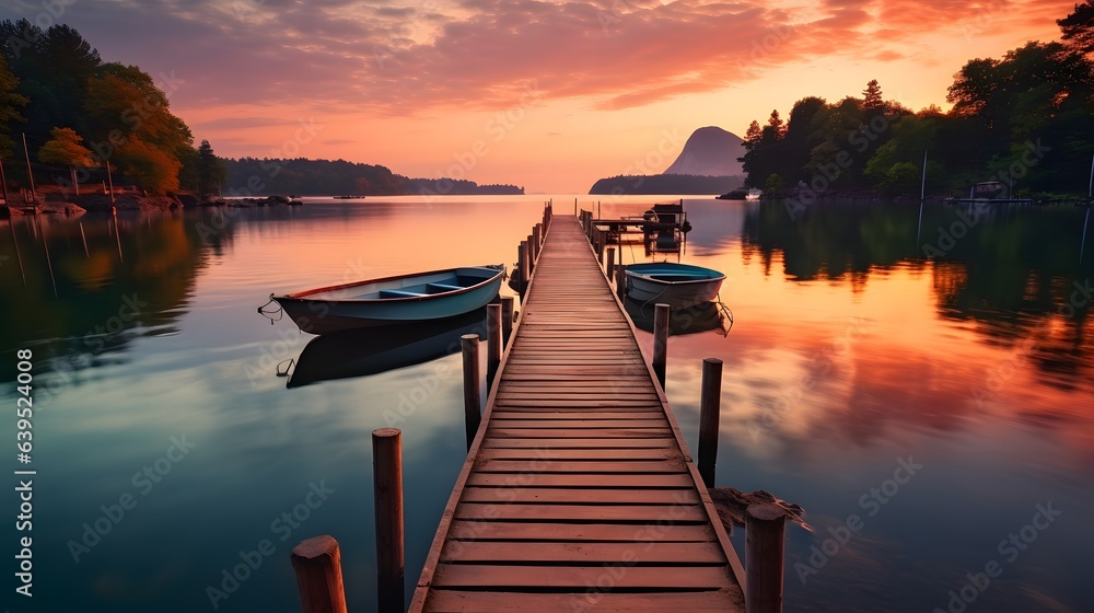 sunset over a pier on with boats on a lake, Generative AI