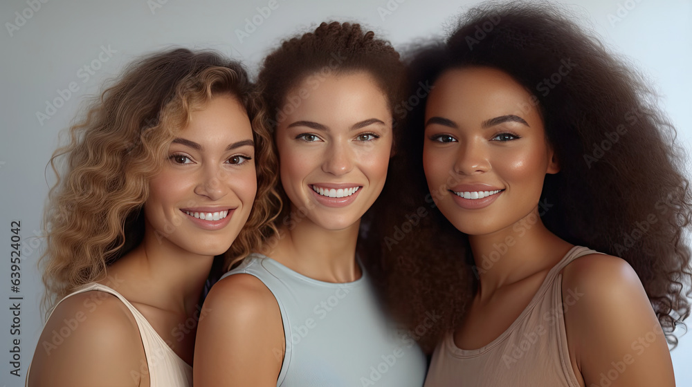 Portrait of three beautiful joyful multiracial women standing together and smiling at camera isolated over white background. Generative Ai. Portrait of three beautiful joyful multiracial women standing together and smiling at camera isolated over white background. Generative Ai.