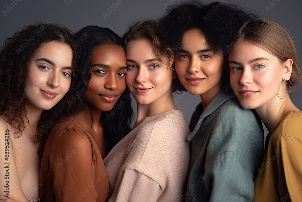 Obraz premium Portrait of young multiracial women standing together and smiling at camera isolated over white background. Generative Ai