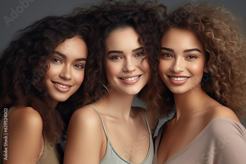 Portrait of three beautiful joyful multiracial women standing together and smiling at camera isolated over white background. Generative Ai.
