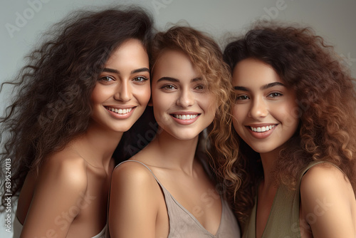 Portrait of three beautiful joyful multiracial women standing together and smiling at camera isolated over white background. Generative Ai.