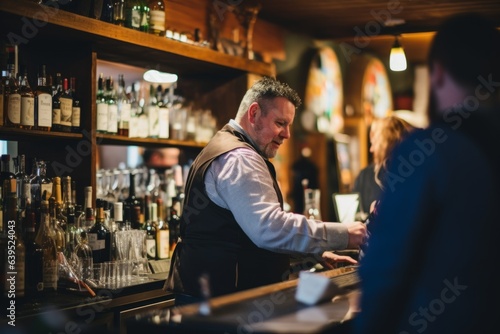 Small cozy cafe coffee shop bakery completing order business interior sunny morning light proud happy barista offers cheap hot tasty cocoa latte cappuccino americano espresso baguette bread bun donuts