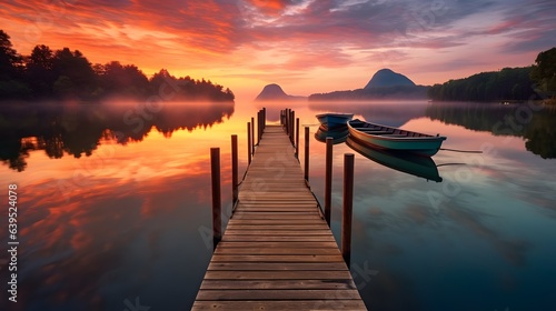 sunset over a pier on with boats on a lake, Generative AI © Lucky Ai