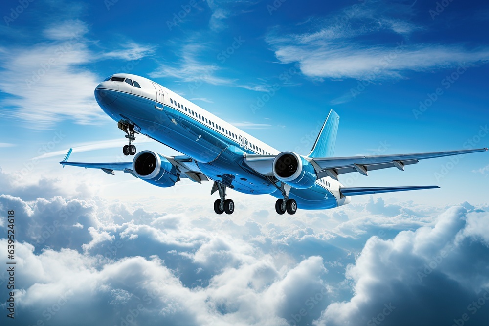 Obraz premium aircraft soaring through the sky. Show it in a majestic pose, wings outstretched against the backdrop of the blue sky and clouds. Generated with AI
