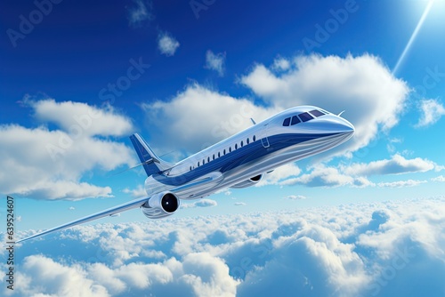 aircraft soaring through the sky. Show it in a majestic pose, wings outstretched against the backdrop of the blue sky and clouds. Generated with AI