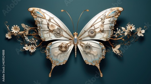 Robotic butterflies flutter amid metallic blossoms, evoking wonder at the delicate balance struck between artificial ingenuity and floral grace | generative ai