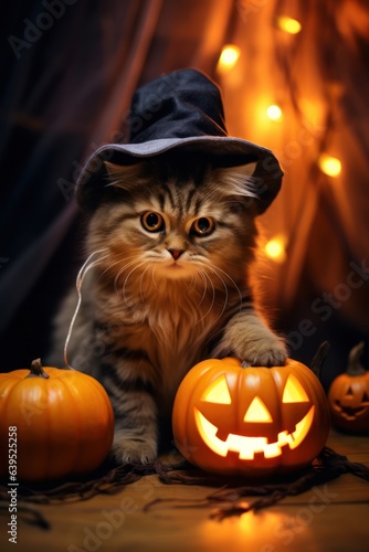 Halloween card. A Cat on a halloween background. a Cat in haloween costume. Generative AI  
