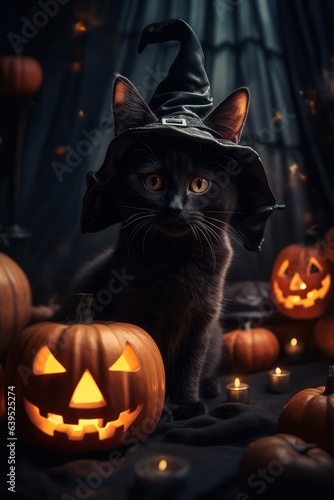 Halloween card. A Cat on a halloween background. a Cat in haloween costume. Generative AI   © Gasi