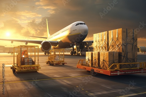 world of air cargo transportation. Depict a bustling airport tarmac with cargo planes of various sizes being loaded and unloaded.Generated with AI