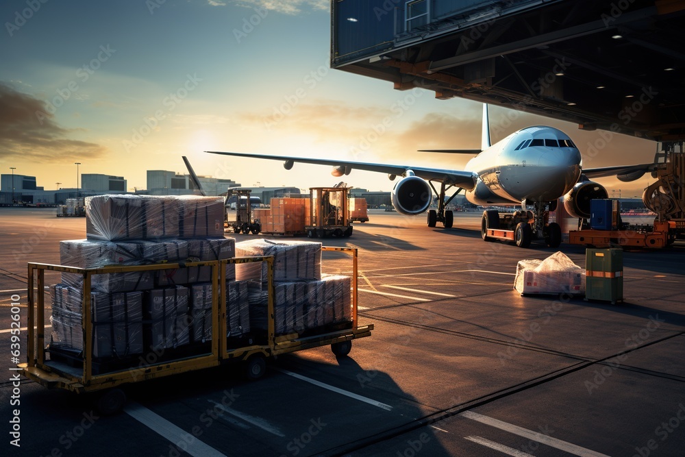 world of air cargo transportation. Depict a bustling airport tarmac with cargo planes of various sizes being loaded and unloaded.Generated with AI - obrazy, fototapety, plakaty 