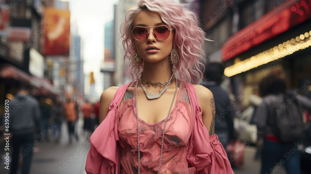 Generative AI, beautiful young stylish girl in fashionable clothes stands against the backdrop of a city street, teenager, street style, youth, woman model, fashion show week, portrait photography