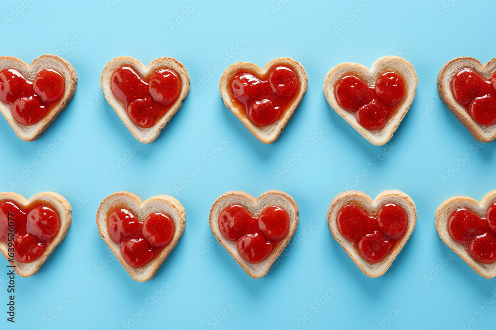 Fototapeta premium Valentines Day! Heart shaped bread slices with red delicious jam. Love pattern on pastel blue background.
