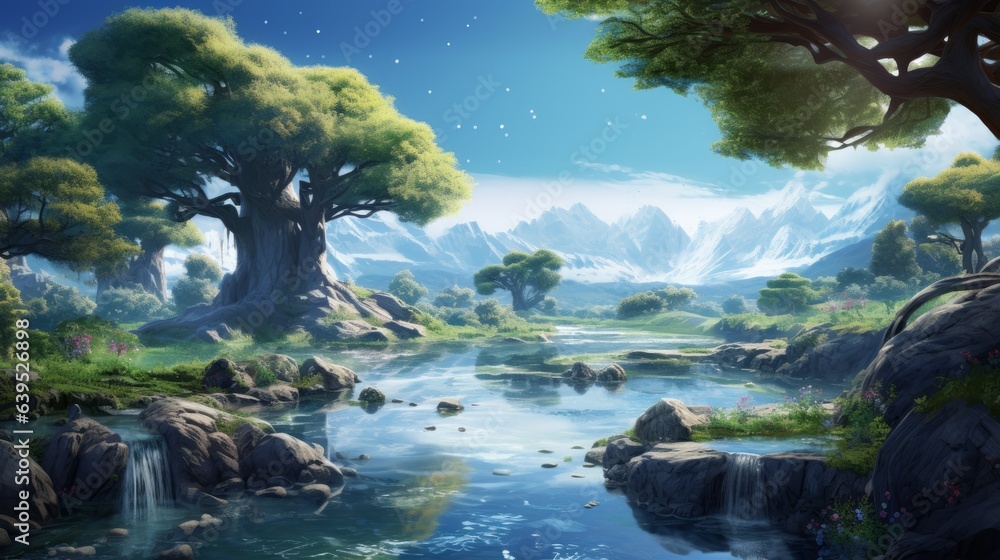 An idyllic scene unfolds as cybernetic trees sway gently by a sparkling stream, revealing nature's harmonious fusion with AI technology | generative ai