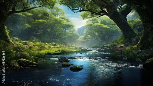 An idyllic scene unfolds as cybernetic trees sway gently by a sparkling stream  revealing nature s harmonious fusion with AI technology   generative ai