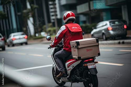 food delivery rider on their scooter, carrying a bag of delicious food. Generated with AI