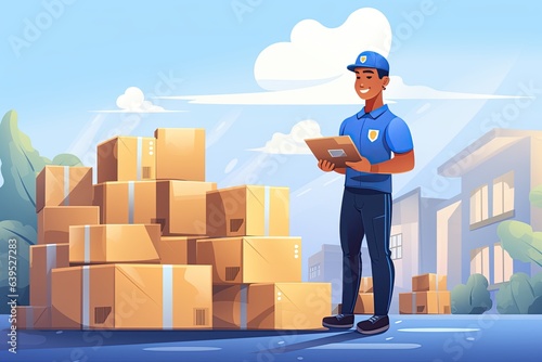 depicts a diligent parcel delivery worker. Show them with a uniform, carrying a stack of packages, Generated with AI