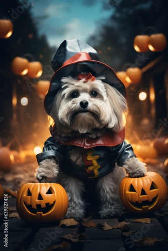 Halloween card. A dog on a halloween background. a dog in haloween costume. Generative AI 