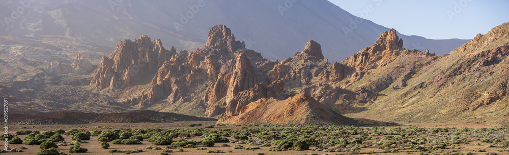 Panoramic view of the geological formation in the Las Canadas caldera, at the base of the Teide volcano - Roques de Garcia. The viewpoint (mirador) of Llano de Ucanca. Tenerife. Canary Islands. Spain.