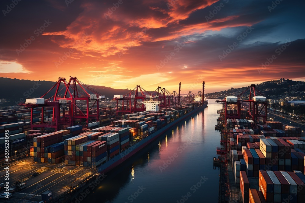 world of shipping transports. Depict a bustling port with cargo ships of various sizes and types, loading and unloading goods by cranes.Generated with AI world of shipping transports. Depict a bustling port with cargo ships of various sizes and types, loading and unloading goods by cranes.Generated with AI
