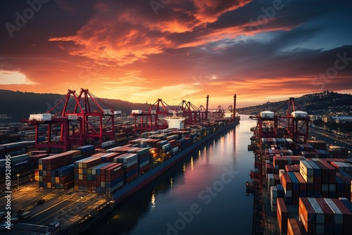 world of shipping transports. Depict a bustling port with cargo ships of various sizes and types, loading and unloading goods by cranes.Generated with AI