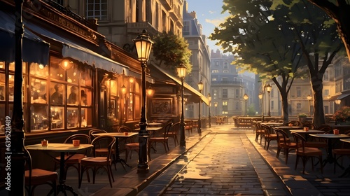 a painting of a city street with tables, chairs and lamps. generative ai