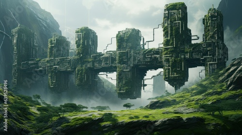 Geometric rock formations and cybernetic flora coalesce in an AI-designed landscape, invoking awe at the synergy of nature-inspired machinery | generative ai