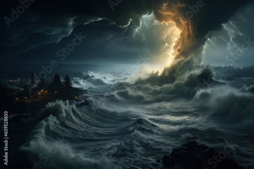 Terrifying huge Storm waves hitting light house at night, Generative AI