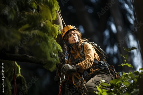 graceful arborist, skillfully ascending a rope to prune and cut for big trees in action expertise in tree maintenance.Generated with AI #639529207