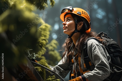 graceful arborist, skillfully ascending a rope to prune and cut for big trees in action expertise in tree maintenance.Generated with AI photo