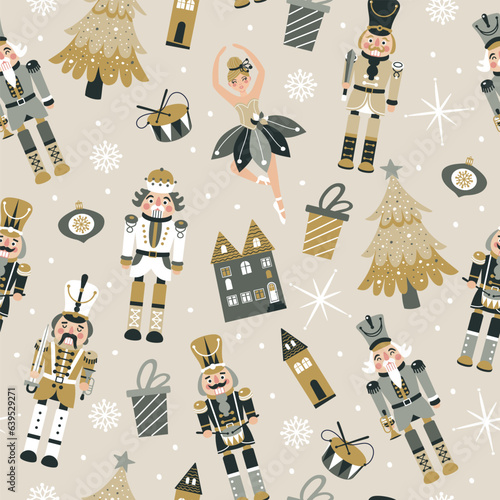 Obraz na płótnie Seamless Christmas Pattern with Nutcrackers ballerina in Vector on beige