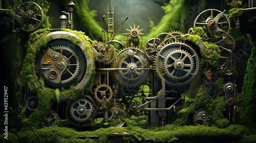 Moss-covered gears metamorphose into steampunk artistry, seamlessly integrating machinery with nature in a whimsical, futuristic landscape | generative ai