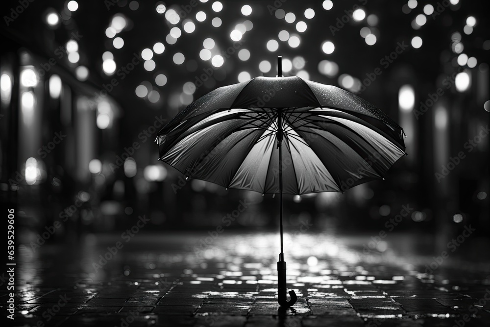 Black and white photo of umbrella being used outside in the rain