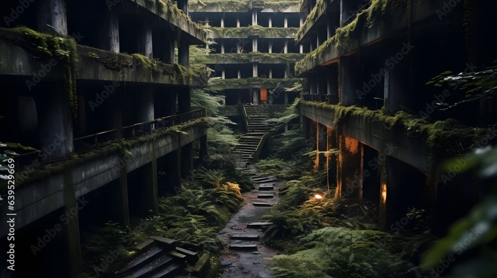 Abandoned and overgrown house in the forest, AI Generative