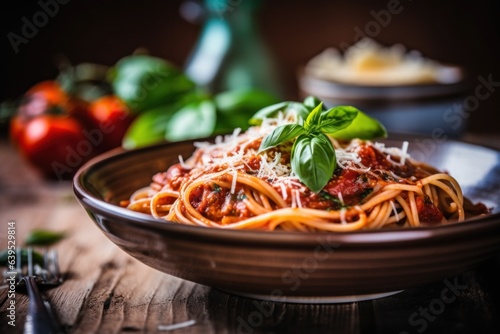 A bowl of spaghetti with tomato sauce and basil leaves