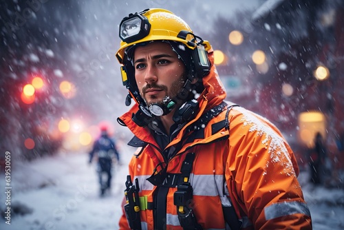 firefighter covered in snow and ice following a long rescue operation