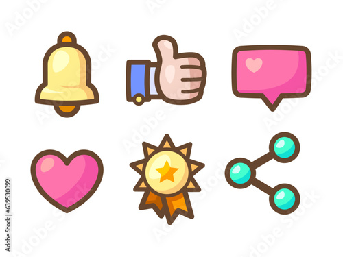 Game or just casual icons for your app. Bright remarkable UI elements. Good for animation. Like, share and others. Vector illustration for your business.