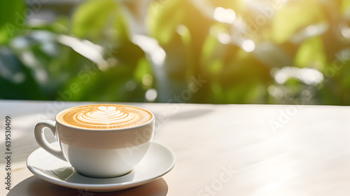 Cup of latte art coffee and coffee beans on white floor table with green nature background photo